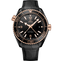 45.5 mm, black ceramic on leather strap with rubber lining