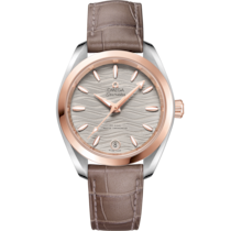 Seamaster 34 mm, steel - Sedna™ gold on leather strap - 220.23.34.20.06.001