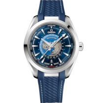 藍色 表面不銹鋼 表殼腕表，裝配橡膠表帶 bracelet - 海馬系列 Aqua Terra 150米 43 毫米, 不銹鋼 配襯 橡膠表帶 - 220.12.43.22.03.001