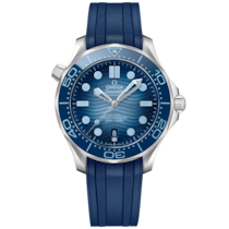 藍色 表面不銹鋼 表殼腕表，裝配橡膠表帶 bracelet - 海馬系列 潛水300米 42 毫米, 不銹鋼 配襯 橡膠表帶 - 210.32.42.20.03.002