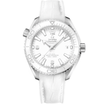 白色 表面不銹鋼 表殼腕表，裝配皮表帶 bracelet - 海馬系列 Planet Ocean 600米 39.5毫米, 不銹鋼 配襯 皮表帶 - 215.33.40.20.04.001